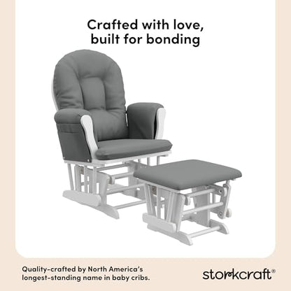 Storkcraft Premium Hoop Glider & Ottoman (White/Gray) — GREENGUARD Gold Certified Nursery Glider, Solid Wood Craftsmanship, Smooth-Gliding Nursery Chair and Ottoman, Award-Winning