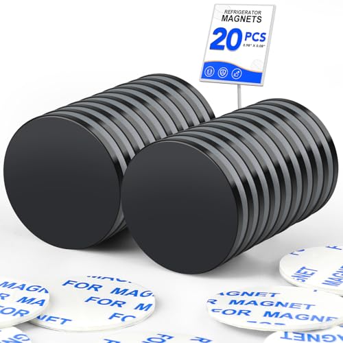 LOVIMAG Neodymium Disc Magnets - 20 Pack Small Strong Heavy Duty, Black Adhesive Magnets for Fridge, Craft, Whiteboard, Office, Scientific & DIY - 0.98 in x 0.08 in