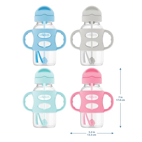 Dr. Brown's Milestones Wide-Neck Sippy Straw Bottle with 100% Silicone Handles and Weighted Straw, 9 oz/270 mL, Gray & Pink, 6m+, 2 Count (Pack of 1)