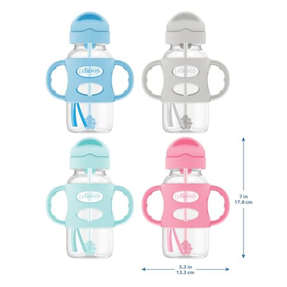 Dr. Brown's Milestones Wide-Neck Sippy Straw Bottle with 100% Silicone Handles and Weighted Straw, 9 oz/270 mL, Gray & Pink, 6m+, 2 Count (Pack of 1)