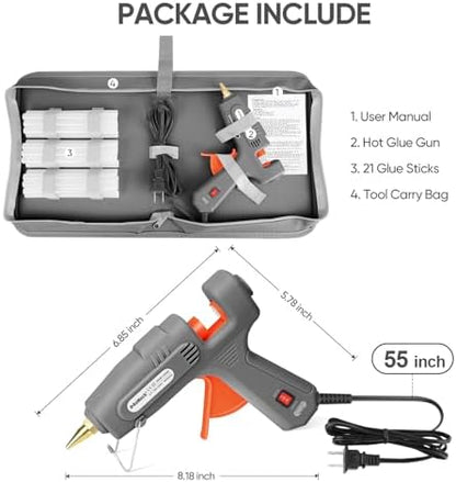 ROMECH Full Size Hot Glue Gun with 60/100W Dual Power and 21 Hot Glue Sticks (7/16"), Fast Preheating Heavy Duty Industrial Gluegun with Storage Case for Crafting, DIY and Repairs (Gray)