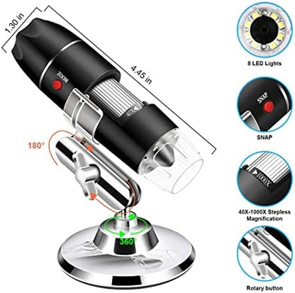 Digital USB Microscope Camera, 40X to 1000X, with Metal Stand & Carrying Case, Compatible with Android, Windows, Linux, Mac, Portable for Kids, Students, Adults
