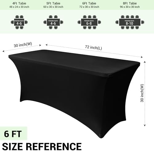 Obstal 6ft Stretch Black Spandex Table Cloth for Standard Folding Tables - 2 Pack Universal Rectangular Fitted Tablecloth Protector for Wedding, Trade Show, Vendor Stand