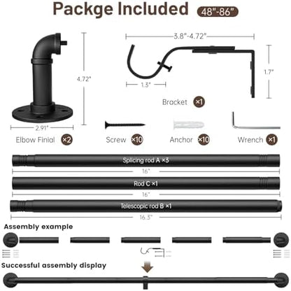 Zeerobee Curtain Rods for Windows 48 to 84, 1 Inch Industrial Wrap Around Black Curtain Rod, Indoor/Outdoor Room Divider Adjustable Drapery Pole, 48"-86"