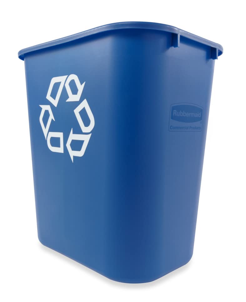 Rubbermaid Commercial Products Deskside Recycling Can, 7-Gallon/28-Quart, Blue Recycling Symbol, Plastic, for Bedroom/Bathroom/Office/Under Desk/Sink, Pack of 4