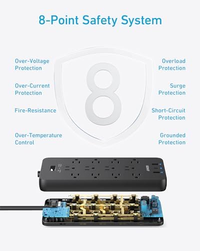 Anker Power Strip with 3 USB Ports, Surge Protector (2100J-10ft), 12 Outlets, 2 USB-A Ports and 1 USB-C Port, Works with iPhone 16/16 Plus/16 Pro/16 Pro Max, for Home, Office, TUV Listed
