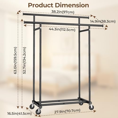 Double Rods Clothes Rack, Rolling Clothing Rack for Hanging Clothes Portable Wardrobe Rack, Metal Garment Rack Sturdy Coat Rack for Bedroom Laundry Living Room, Black