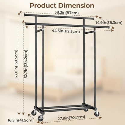 Double Rods Clothes Rack, Rolling Clothing Rack for Hanging Clothes Portable Wardrobe Rack, Metal Garment Rack Sturdy Coat Rack for Bedroom Laundry Living Room, Black