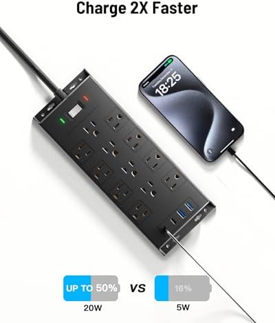 Surge Protector Power Strip 4800J, LeZone 10Ft Long Extension Cord Flat Plug, 12 Outlets 2 USB C 2 USB Ports, Wall Mountable, 20W Desk Charging Station, Black