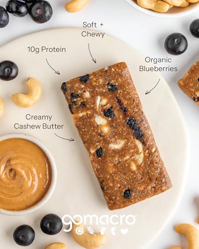 GoMacro Macrobar Organic Vegan Protein Bars - Blueberry + Cashew Butter (2.3 Ounce Bars (Pack of 12)