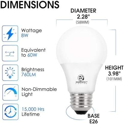 Energetic 24 Pack LED Light Bulbs 60 Watt Equivalent, A19 Warm White 3000K, E26 Base, Non-Dimmable, 8W 760lm, ETL Listed