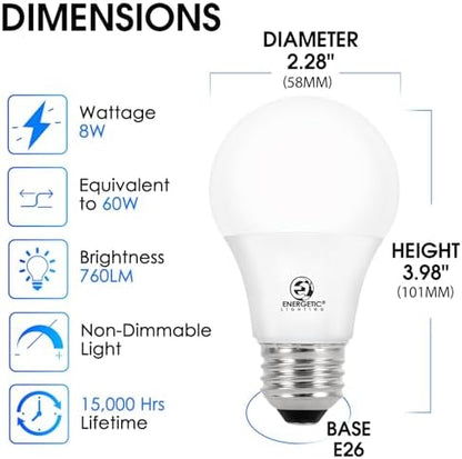 Energetic 24 Pack LED Light Bulbs 60 Watt Equivalent, A19 Warm White 3000K, E26 Base, Non-Dimmable, 8W 760lm, ETL Listed