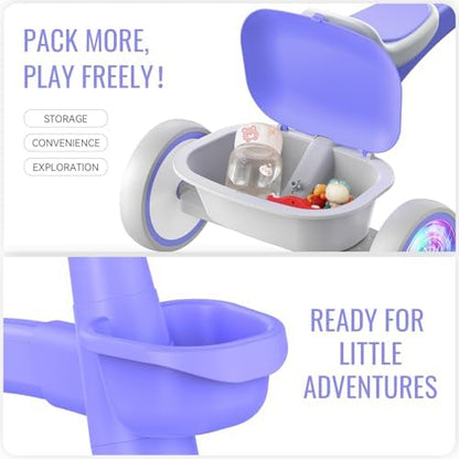 SEREED Colorful Lighting Toddler Tricycle for 2-5 Years Old Boys Girls, Adjustable Seat&Handlebar Trike, Removable Basket, Birthday Gift Idea for Kids Ages 2+ (Purple)
