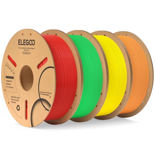 ELEGOO PLA Filament 1.75mm Bundle 4KG, 3D Printer Filament Bulk Dimensional Accuracy +/- 0.02mm, 4 Pack 1kg Cardboard Spool(2.2lbs) Fits for Most FDM 3D Printers(Red, Yellow, Orange, Neon Green)