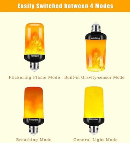 Hompavo 【Upgraded】 LED Flame Light Bulbs, 4 Modes Flickering Light Bulbs with Upside Down Effect, E26/E27 Flame Bulb for Halloween, Christmas, Party, Indoor and Outdoor Home Decoration (4 Pack)