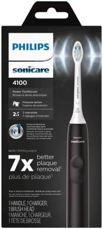 Philips Sonicare 4100 Rechargeable Electric Toothbrush, with Pressure Sensor, 2 Intensity Settings, SmarTimer and QuadPacer, 14-Day Battery Life, Black, Model HX3681/24