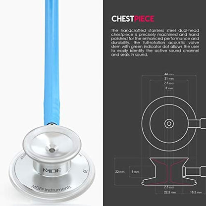 MDF Instruments, Acoustica Lightweight Stethoscope for Doctors, Nurses, Students, Home Health Use, Adult, Dual Head, Bright Blue Tube, Silver Chestpiece-Headset, MDF747XP14