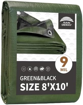 8x10 Feet Tarp Waterproof,9Mil Thick,Finished Size Tarps,UV Resistant,Durable,Multipurpose Poly Tarp Cover with Metal Grommets and Reinforced Edges,Green/Black by RAINDEWAY