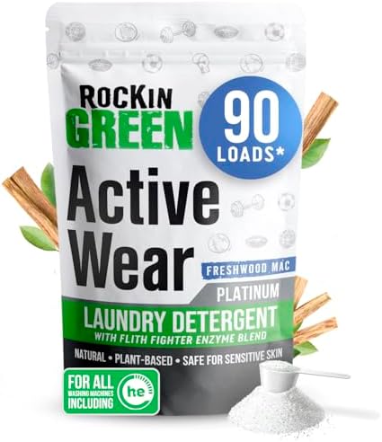 Rockin' Green Laundry Detergent, Plant based, All Natural Laundry Detergent Powder, Vegan and Biodegradable Odor Fighter, Safe for Sensitive Skin (Active Wear 90 Loads - Freshwood Mac)