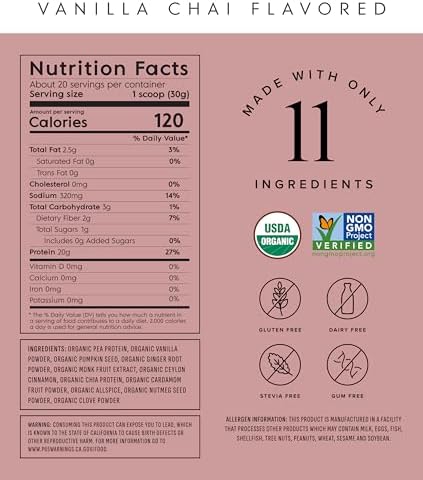 Truvani Vegan Pea Protein Powder | Vanilla Chai | 20g Organic Plant Based Protein | 20 Servings | Keto | Gluten & Dairy Free | Low Carb | No Added Sugar