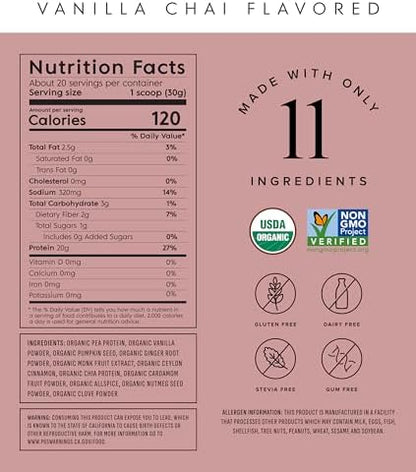 Truvani Vegan Pea Protein Powder | Vanilla Chai | 20g Organic Plant Based Protein | 20 Servings | Keto | Gluten & Dairy Free | Low Carb | No Added Sugar