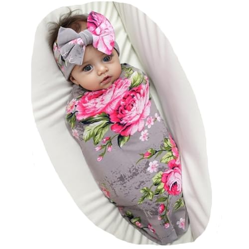 Galabloomer Newborn Receiving Blanket Headband Set Baby Flower Rose Swaddle with Big Bow (Gray)