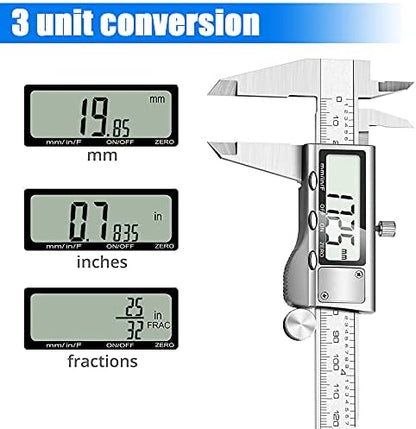 Digital Caliper Measuring Tool, Stainless Steel Vernier Caliper Digital Micrometer with Large LCD Screen, Easy Switch from Inch Metric Fraction, 6 Inch Caliper Tool for DIY/Household