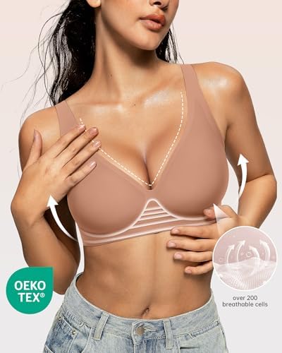 OEAK Womens Deep V Bras Wireless Comfortable Bra Supportive No Underwire Bras Tshirt Push Up Bralettes Plunge Seamless Bra