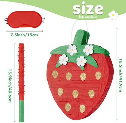 Wernnsai Red Strawberry Piñata For Kids - Strawberry Baby Shower Pinata Strawberry Birthday Party Decorations Summer Fruit Themed Party Game Supplies With Bat Blindfold 16.5" × 11.6" ×3"