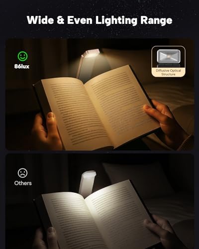 86lux Book Light, Rechargeable Clip-On LED Reading Light for Bed & Night Use - 3 Color Temperatures with Stepless Dimming, Ultralight Bookmark Design for Kids, Book Lovers, Pink Brown
