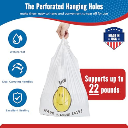 Fuxury 1000 Count Happy Smiling Face Thank You Plastic Bags (12" x 6.5" x 21") White, Have a Nice Day Bags for T-shirt, Grocery, Take Out, To Go, Retail Shopping in Bulk (Made in USA)