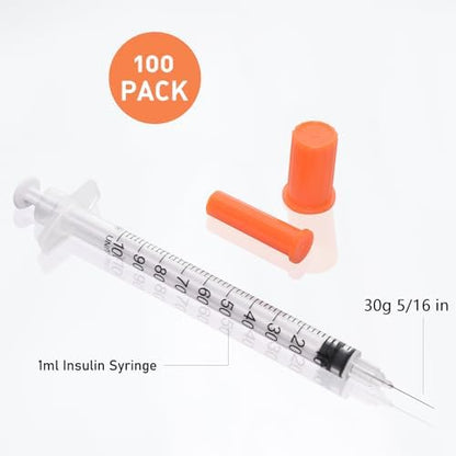 U-100 1cc 30g 5/16 In (8mm) Syringe with Needle, Individually Wrapped, Pack of 100