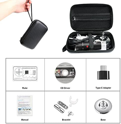 Digital USB Microscope Camera, 40X to 1000X, with Metal Stand & Carrying Case, Compatible with Android, Windows, Linux, Mac, Portable for Kids, Students, Adults