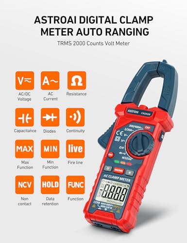 AstroAI Digital Clamp Meter Multimeter 2000 Counts Amp Voltage Tester Auto-ranging with AC/DC Voltage, AC Current, Resistance, Capacitance, Continuity, Live Wire Test, NCV, Blue