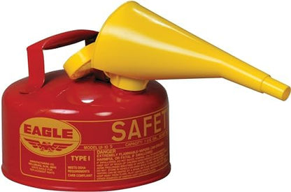 Eagle 1 Gallon Type I Red Safety Gas Can for Gasoline with Flame Arrester, Self-Closing Lid, and F-15 Funnel, Made in the USA, Galvanized Steel Flammable Storage Can, UI10FS