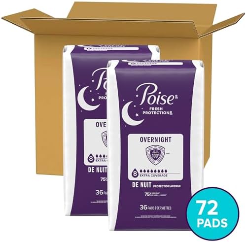 Poise Overnight Incontinence & Postpartum Pads for Bladder Leaks, 8 Drop Extra Coverage, 72 Count (2 Packs of 36), Packaging May Vary