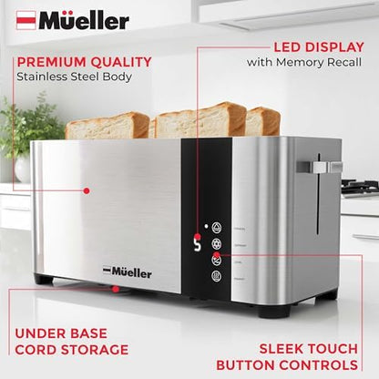 Mueller UltraToast Full Stainless Steel Toaster 4 Slice, Long Extra-Wide Slots for Bagels and Waffles, 6 Browning Levels, LED Display, Cancel/Defrost/Reheat Functions & Removable Tray, Kitchen Gadgets