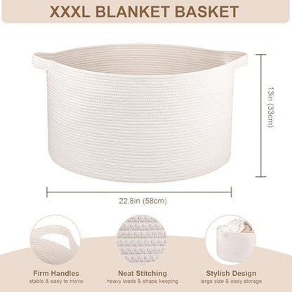 Large Woven Baskets for Storage, 22.8" x 22.8" x 13" Blanket Storage Living Room, Baby Toy Basket for Clothes, Pillows, Towels, Shoe Basket for Entryway (White)
