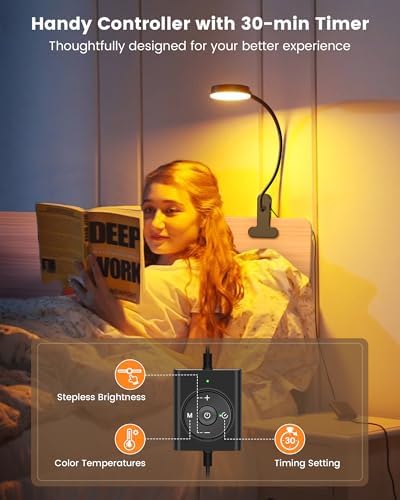 Glocusent 5W Clip on Light, 36LED Eye Caring Reading Light for Bed, 3 Colors & 5 Brightness Clip on Lamp with Adapter, Perfect Reading Light for Bed with Clamp/Bunk Bed/Headboard/Table/Desk