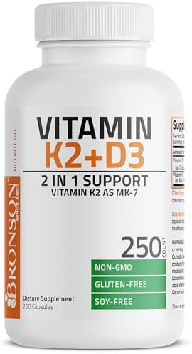 Bronson Vitamin K2 (MK7) with D3 Supplement Non-GMO Formula 5000 IU Vitamin D3 & 90 mcg K2 MK-7 Easy to Swallow D & K Complex, 250 Capsules