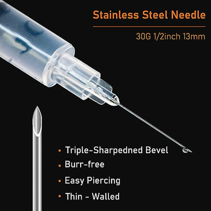 1ml Syringe with 30Ga 1/2in Needle, Individually Wrapped, Pack of 100
