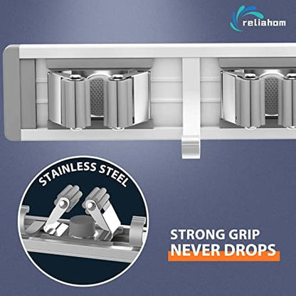 2 Pack Broom Holder Wall Mount Mop and Broom Hanger Wall Mounted Garage Storage Rack Kitchen Garden Tool Organizer (5 Racks with 4 Hooks, Silver)