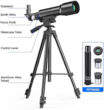 Telescope for Kids 50mm Aperture 360mm AZ Astronomical Portable Telescope for Adults Beginners with Upgraded Tripod White