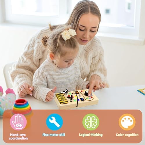 Joyreal Toddler Busy Board, Wooden Montessori Busy Board Sensory Board with LED Light Switch, Sensory Toys Baby Fidget Board Travel Toys for Toddler