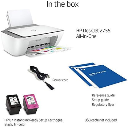 HP DeskJet 2755 All-in-One Wireless Printer Scanner Copier Instant Ink Ready Mobile Print Black 7.5ppm Color 5.5ppm Wifi Inkjet Computer Printers for Home Use and Office, Grey (Renewed)