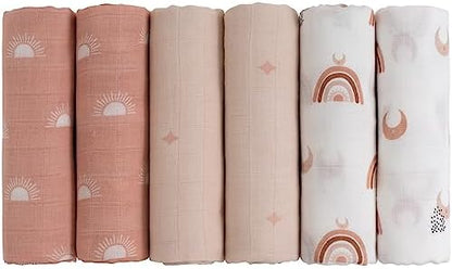 GLLQUEN BABY Receiving Blanket Boy Cotton Muslin Swaddle Blankets Girl Newborn Squares Breathable & Soft Thin Baby Blankets Cloths Double Absorbent Infant Swaddling Wrap - 6 Pack (Sun)