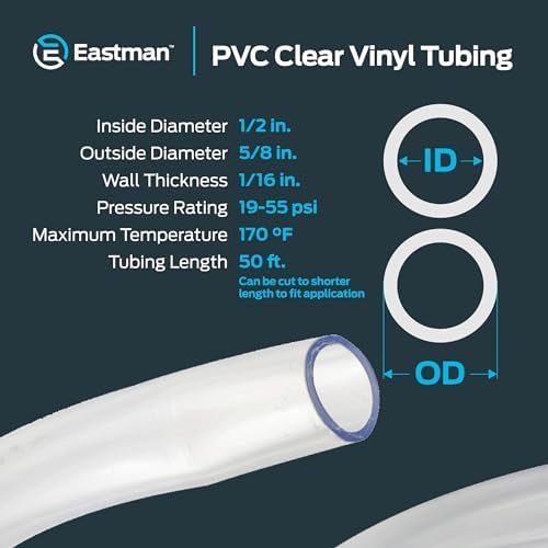 Eastman 1/2 Inch ID (5/8 Inch OD) PVC Clear Vinyl Tubing, 50 Foot Length, 98623