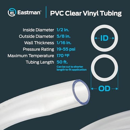 Eastman 1/2 Inch ID (5/8 Inch OD) PVC Clear Vinyl Tubing, 50 Foot Length, 98623