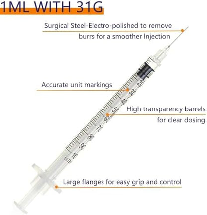 100 Pack 1ml/cc 31Ga Lab Supplies, Individually Package