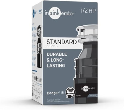 InSinkErator Badger 5 Garbage Disposal with Power Cord, Standard Series 1/2 HP Continuous Feed Food Waste Disposer, Badger 5 W/C, No Size, Black/Gray